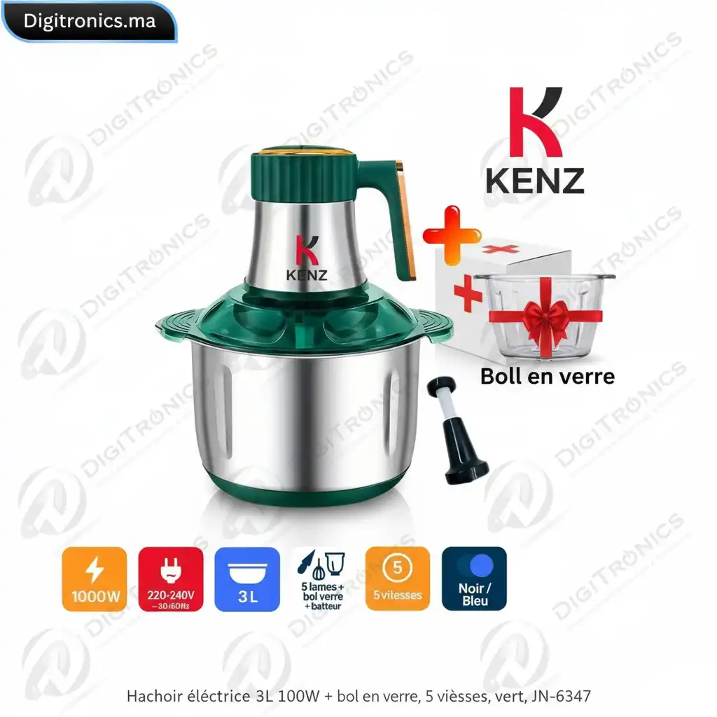 Hachoir électrique 3L 1000W + bol en verre, 5 vitesses, vert, JN-6347