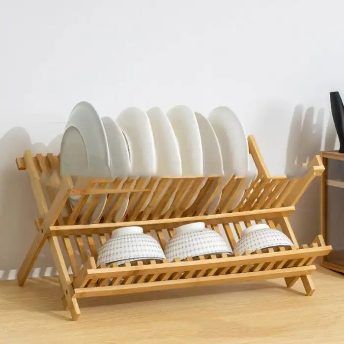 Égouttoir à vaisselle - Bambou - Pliable - 39cm x 33cm x 25cm - Design contemporain - Accessoires de cuisine