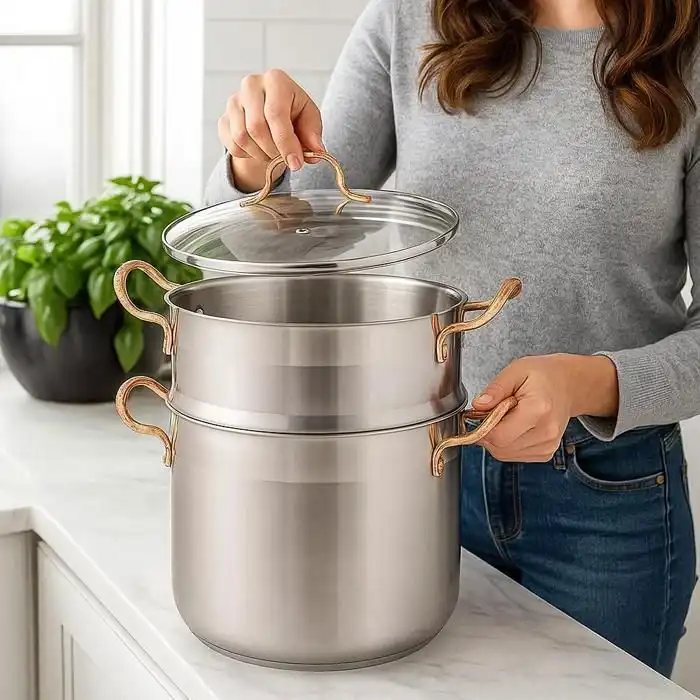 Couscoussier - Inox - 6 Litres - Couvercle en Verre - Anses Bronze - Haute Qualité