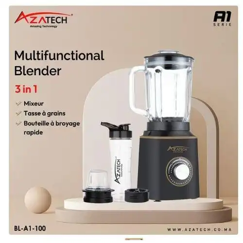 AZATECH Blender mixeur 3en1 5 vitesses bol en verre 1,5L + mini hachoir + smoothie 600ww