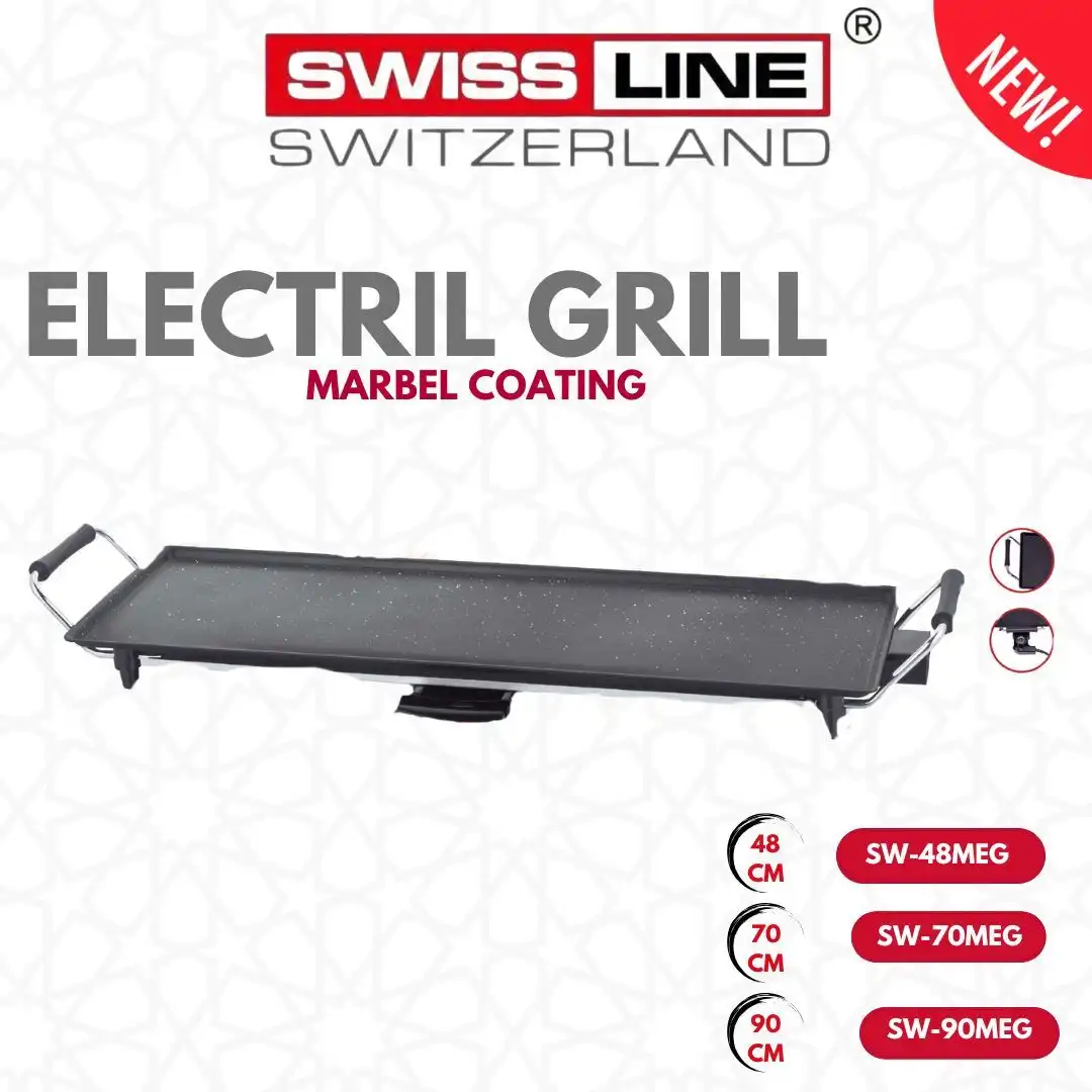 Plancha Électrique - SWISS LINE - XXL 90 cm - Surface Antiadhésive - Thermostat Réglable - Bac à Graisses Amovible