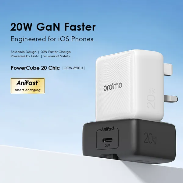 oraimo PowerCube 20 Chic 20W GaN Wall Charger Kit with Type-C to Type-C Cable