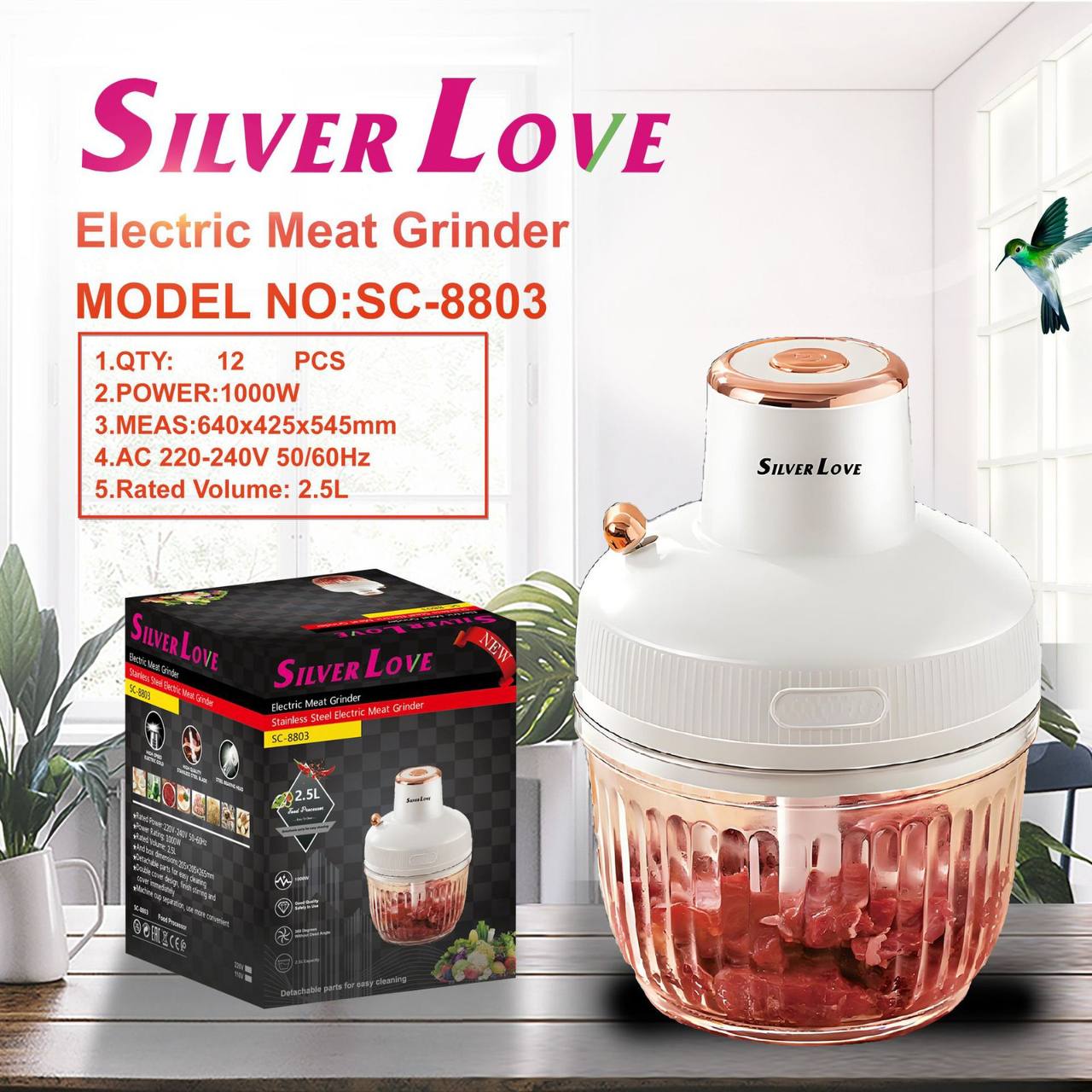 Hachoir à Viande Électrique Silver Love 1000W – Bol 2,5L en Verre