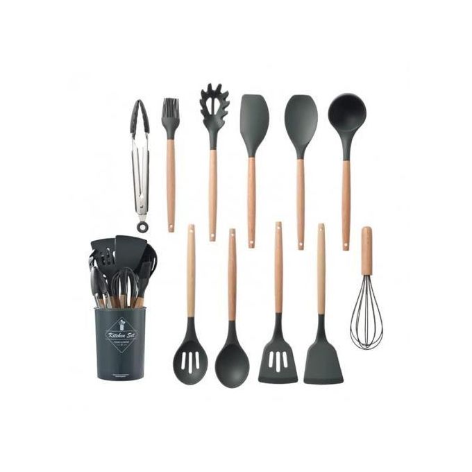 12 Pièces Ustensiles de Cuisine Résistant à la Chaleur en Silicone et Bois