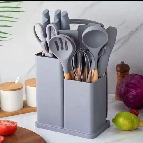 Ensemble de couteaux de cuisine en silicone F2, baril de rangement, manche en acier inoxydable, 19 outils