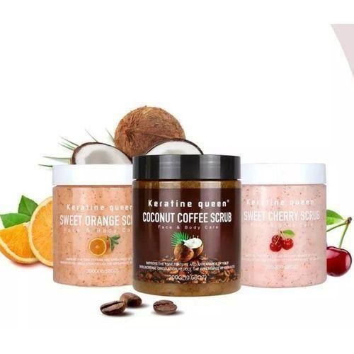 keratine queen lot de 3 Gommages pour Visage et Corps coco café,orange,cerise
