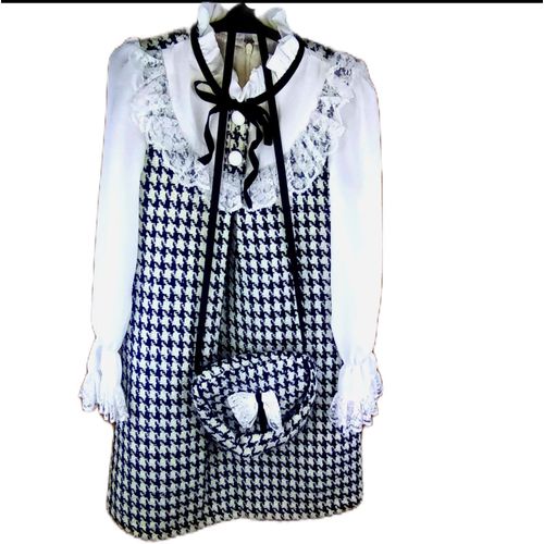Robe de Cérémonie Fille - Motif Pied-de-Poule Chic - Col Dentelle & Petit Sac Assorti - Noir et Blanc