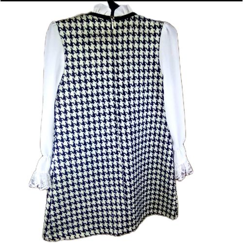 Robe de Cérémonie Fille - Motif Pied-de-Poule Chic - Col Dentelle & Petit Sac Assorti - Noir et Blanc