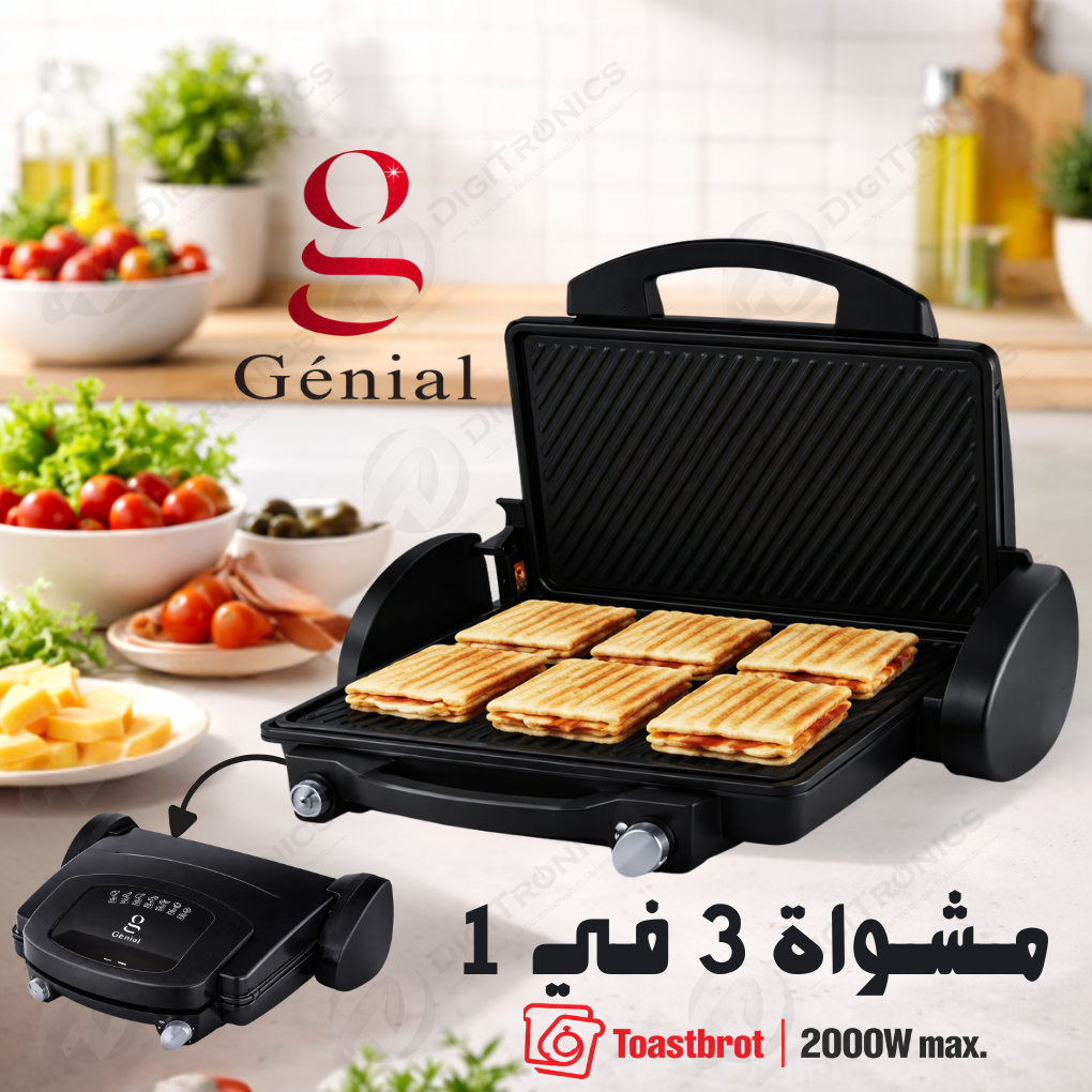 Genial Grill & Toast Maker 3en1 Ouverture 180°, Plaques Antiadhésives Amovibles 2000W, GTG-45BB