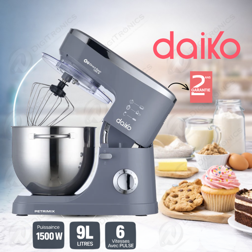 Daiko Robot Pâtissier 9L Bol En Inox 1200W, Mouvement Planétaire, 6 Vitesses + Pulse, RP9665DK