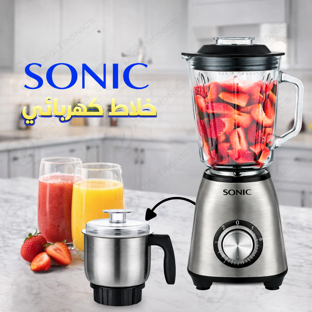 Sonic Blender 2en1 en acier inoxydable Bol en Verre + Broyeur Inox Alimentaire, BL6992SC