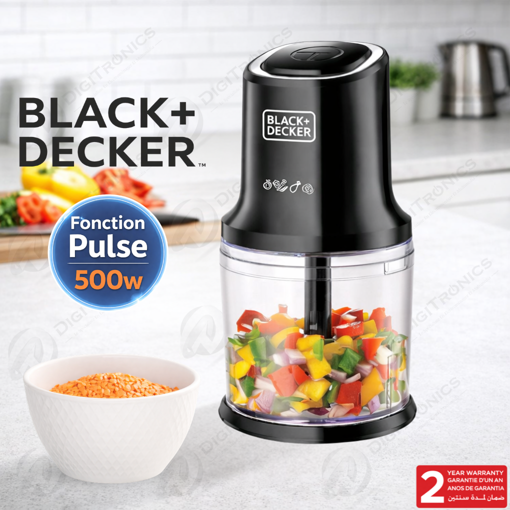 BLACK+DECKER Hachoir Vertical Fonction Pulse 500W Bol 900ml, 4 Lames Inox, FC500-B5
