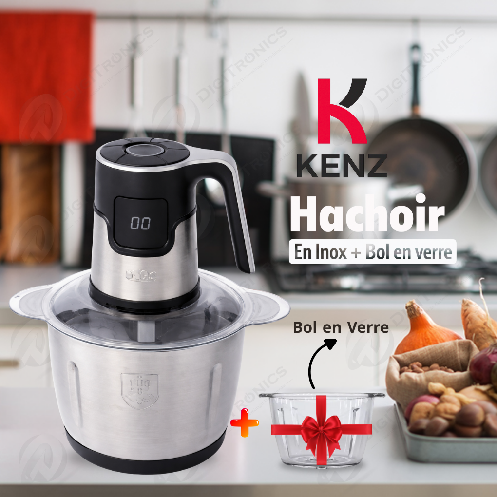 Kenz Hachoir Électrique 1000W, Bol Inox 3L + Bol en Verre, 6 Vitesses Multi-lames, UD-9637