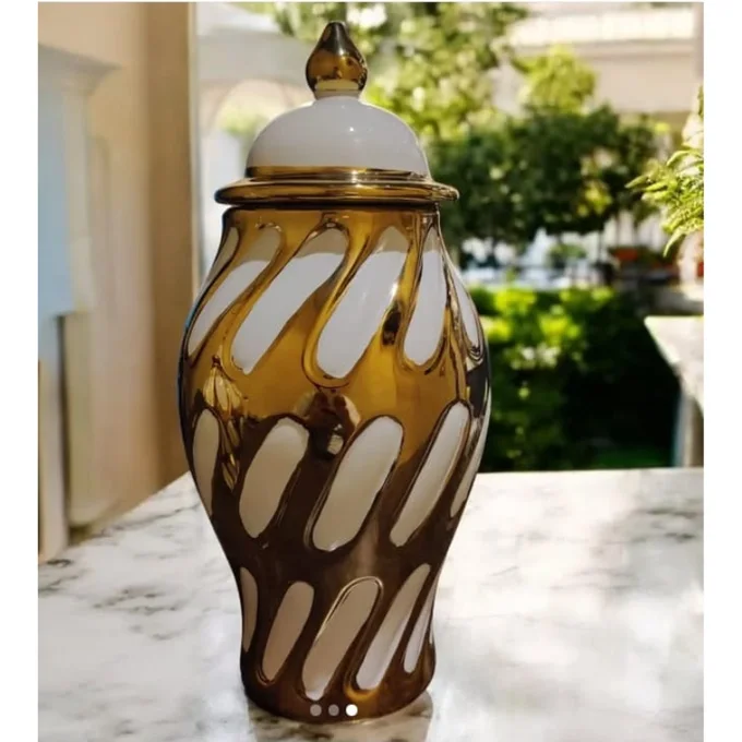 Vase de jarre en Céramique Doré et Blanc