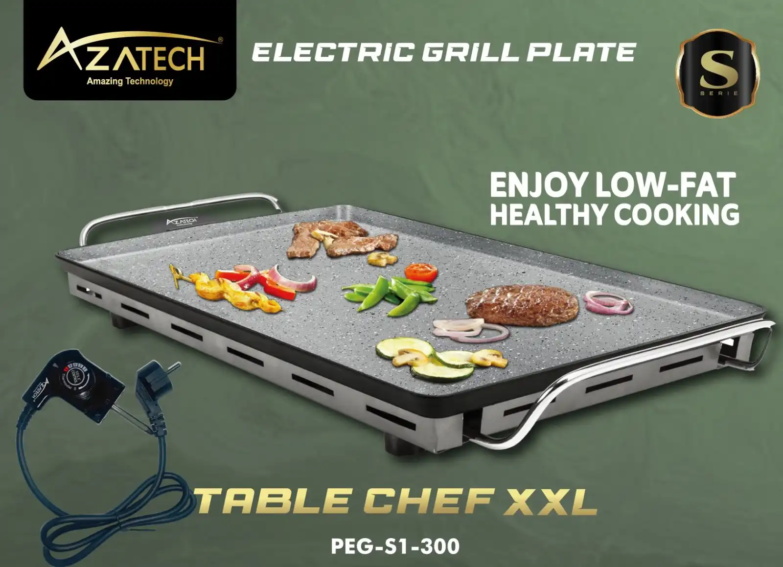 AZATECH Plaque à grillade plancha barbecue électrique granit/acier inoxydable extra large 60x36cm surface résistante thermosta 2000w