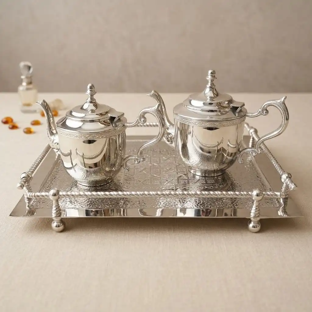 Pack Service à Thé -Tradition & Prestige– 2 Théières (1.5L & 1L) -Plateau Senia 45cm/35xm -Bronze Rodié argent + 6Verres offert