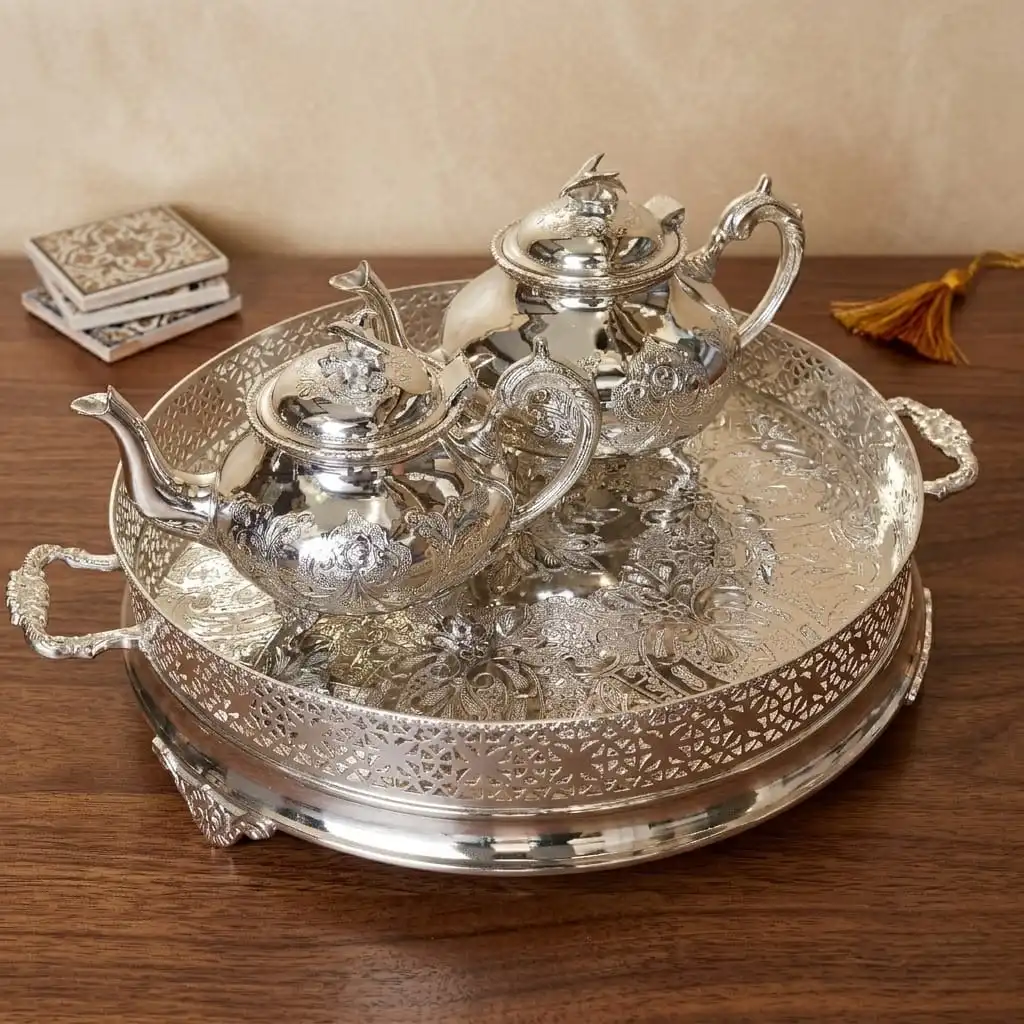 Pack Service à Thé -Tradition & Prestige– 2 Théières (1.5L & 1L) -Plateau Senia 45cm -Bronze Rodié argent + 6 Verres offerts