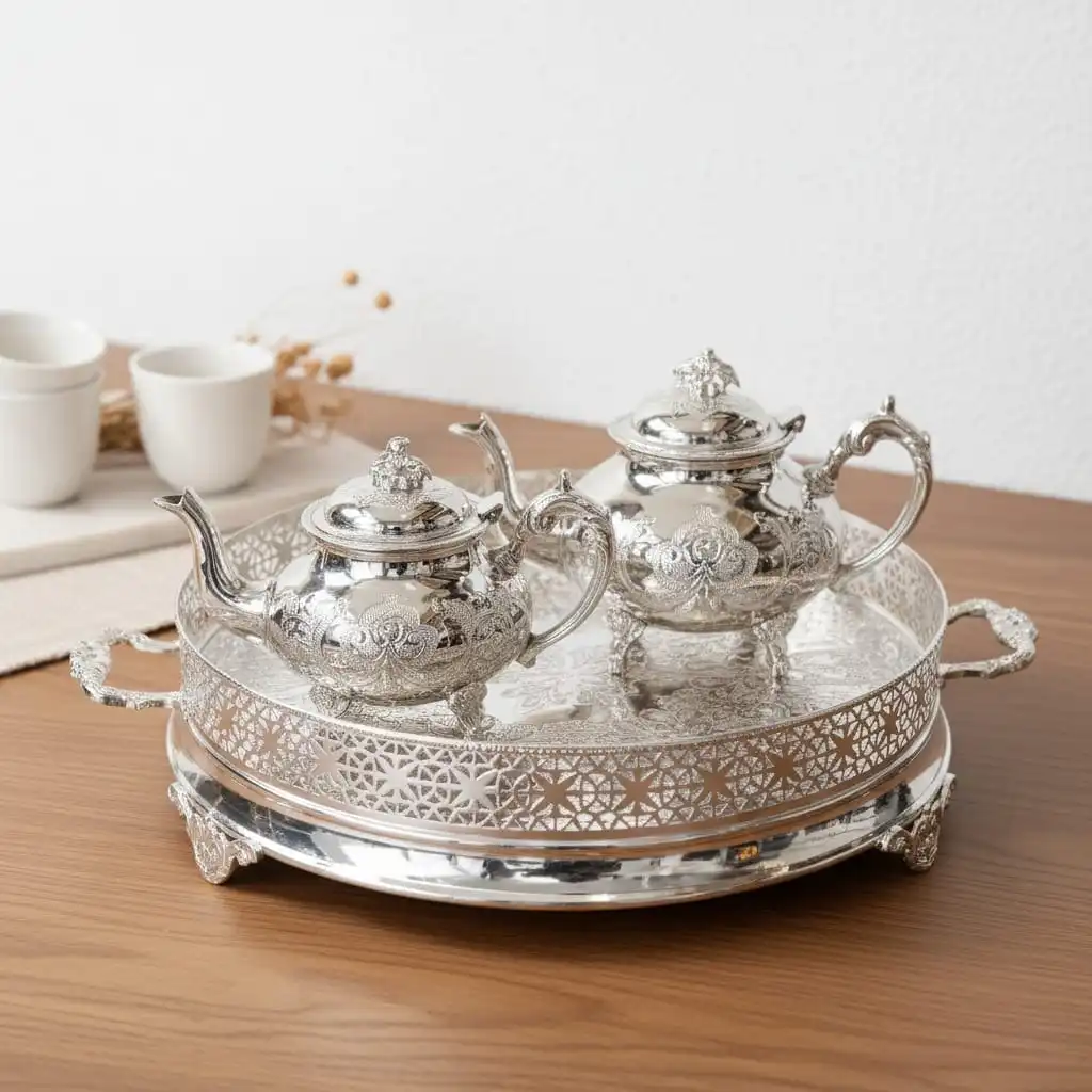 Pack Service à Thé -Tradition & Prestige– 2 Théières (1.5L & 1L) -Plateau Senia 45cm -Bronze Rodié argent + 6 Verres offerts