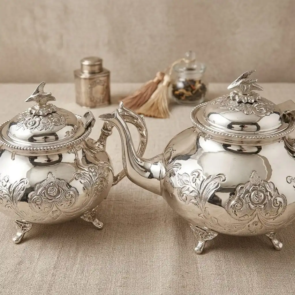 Pack Service à Thé -Tradition & Prestige– 2 Théières (1.5L & 1L) -Plateau Senia 45cm -Bronze Rodié argent + 6 Verres offerts