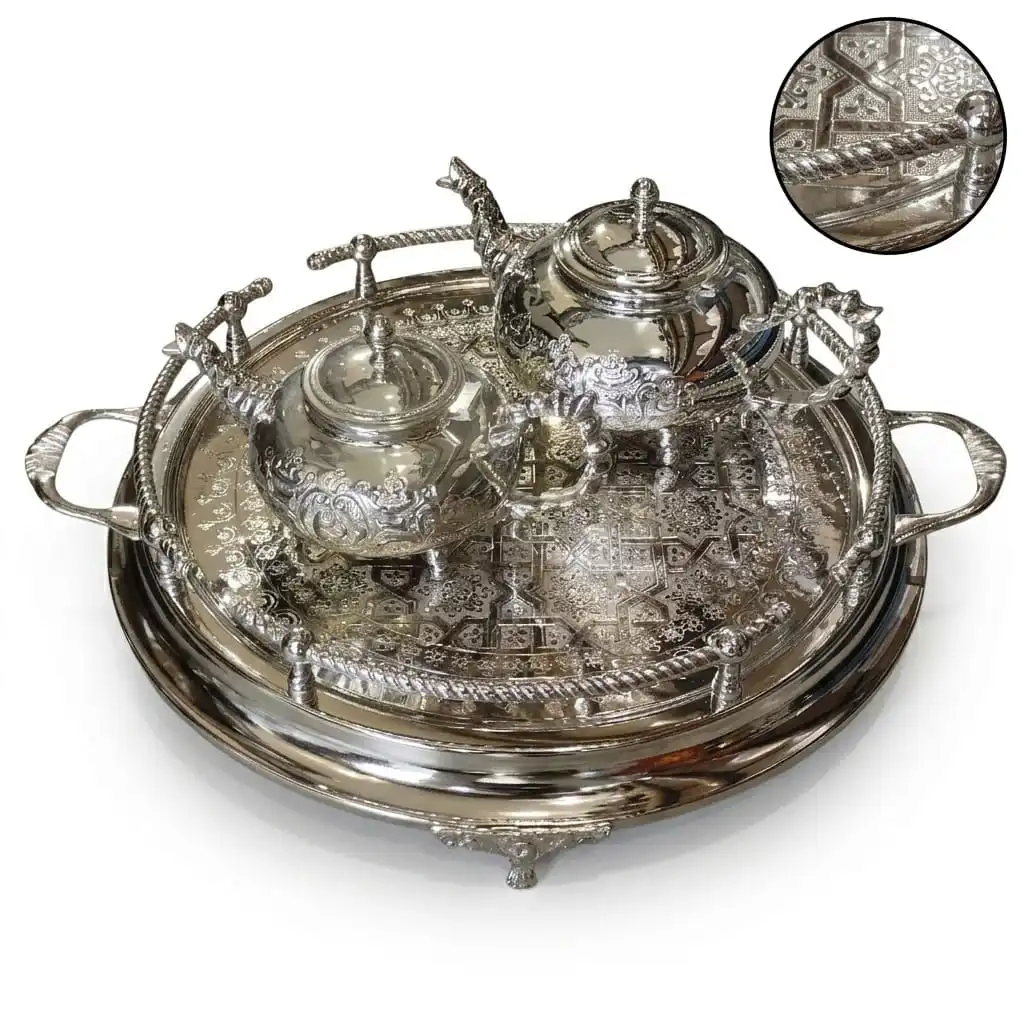 Pack Service à Thé -Tradition & Prestige– 2 Théières (1.5L & 1L) -Plateau Senia 45cm -Bronze Rodié argent + 6 Verres offerts