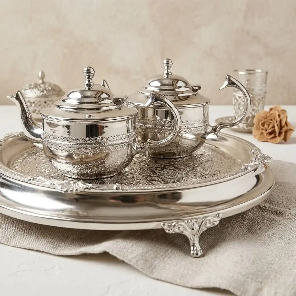 Pack Service à Thé -Tradition & Prestige– 2 Théières (1.5L & 1L) -Plateau Senia 50cm -Bronze Rodié argent +12 Verres offert