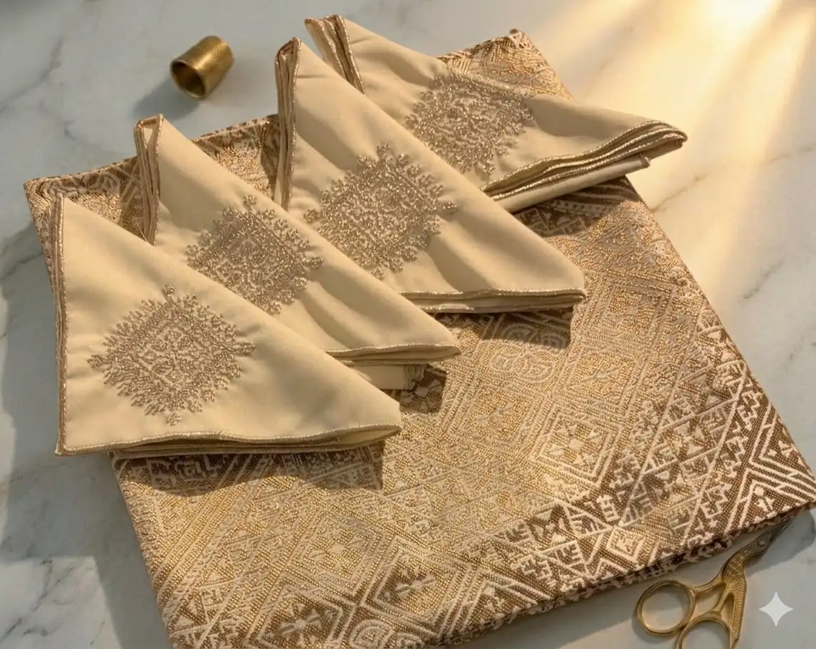 Nappe Khrib Impériale & 8 Serviettes 1,40/1,40 m- Brodées-lavable-1 er choix -bronze