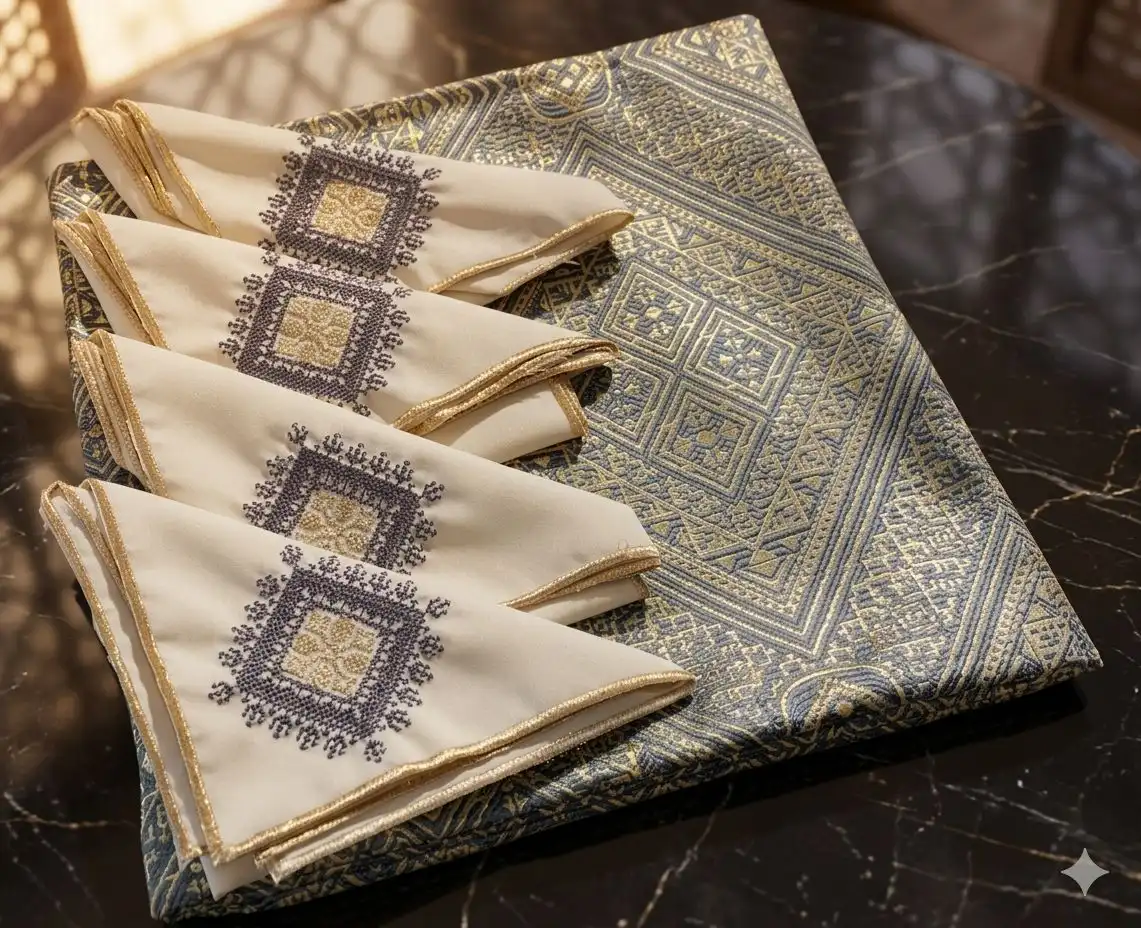 Nappe Khrib Impériale & 8 Serviettes Brodées-lavable-1 er choix -gris