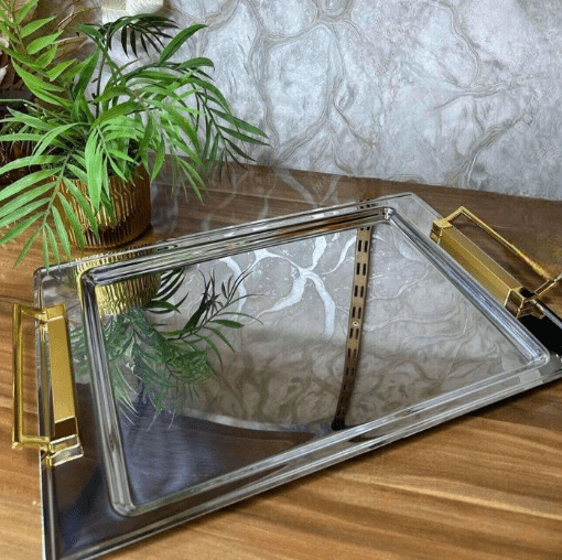 Image de 2 SET DE PLATEAUX ARGENTE ET POIGNEE DORE RECTANGULAIRES 48/31,5CM PM 41,5/28CM - Unbranded