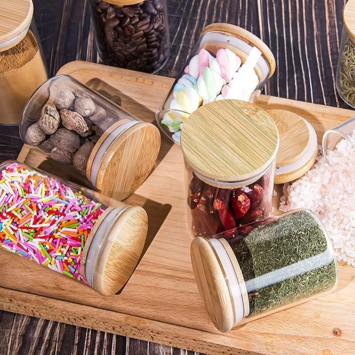 Image de 4 bocaux de stockage -pour épices - 350ml - Verre résistant - Couvercles en bambou - Cuillères en bois - Unbranded