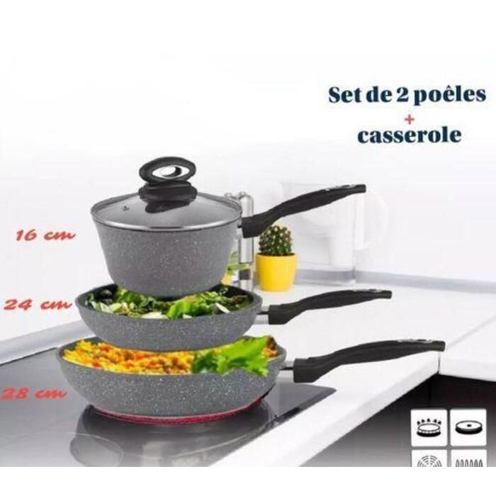 Image de Batterie de cuisine - 28cm, 24cm, 16cm - Antiadhésif - Aluminium forgé - Compatible induction - Unbranded