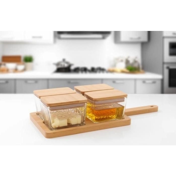 Image de Boîte de 4 bocaux en verre avec couvercles transparents en bois et plateau planche
