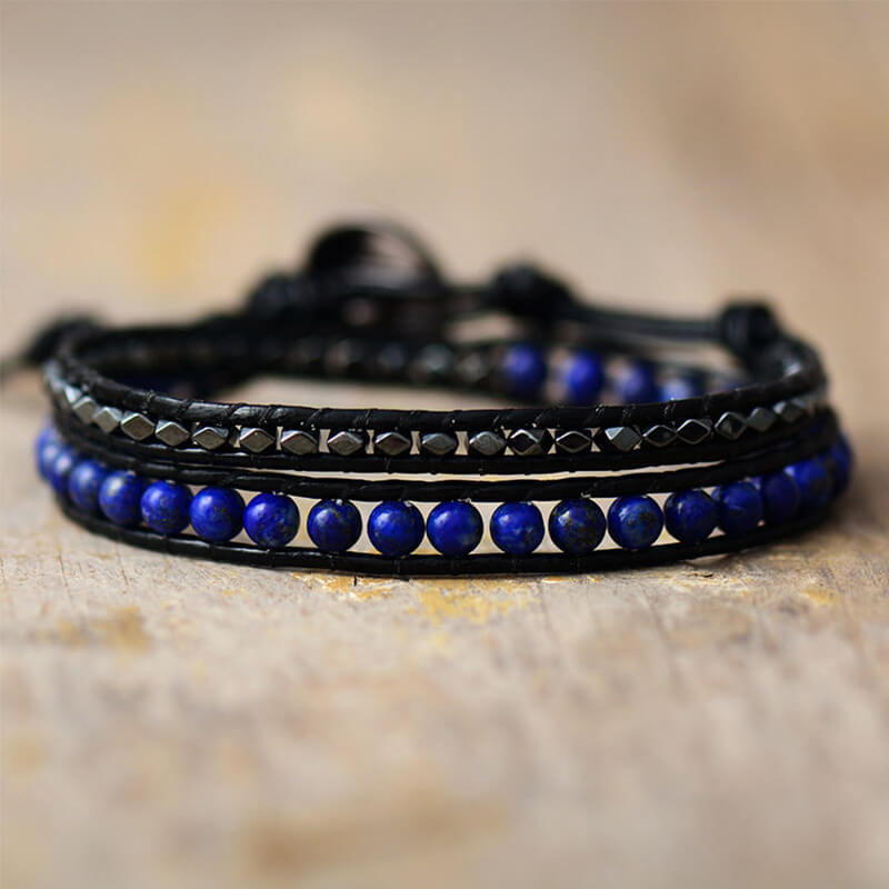 Image de Bracelet Cuir Enroulé 2 Brins en Lapis-lazuli - Unbranded