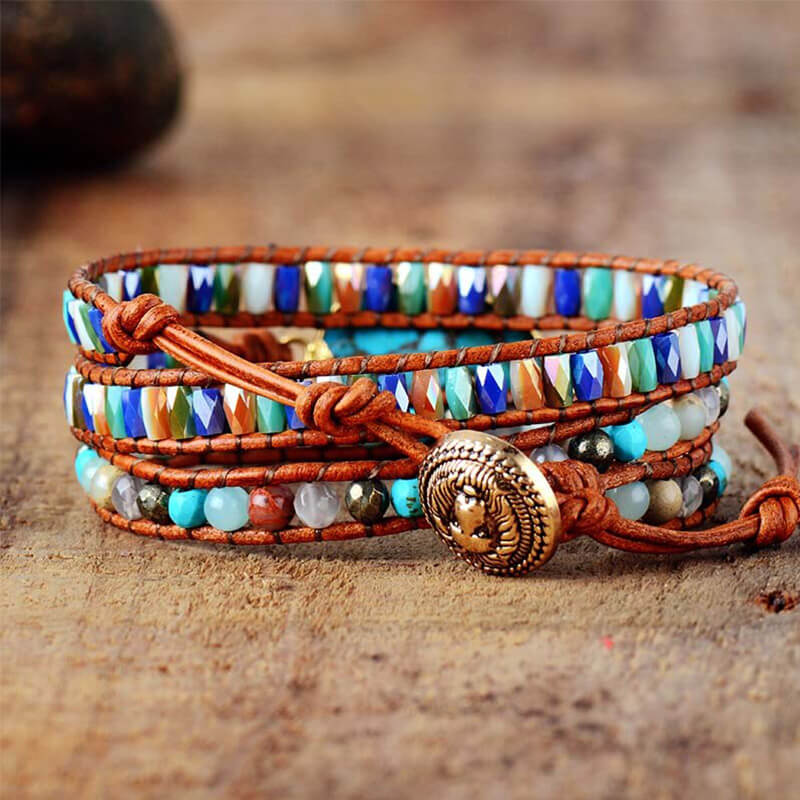 Image de Bracelet Cuir Enroulé 3 Brins en Turquoise et Jaspe - Unbranded