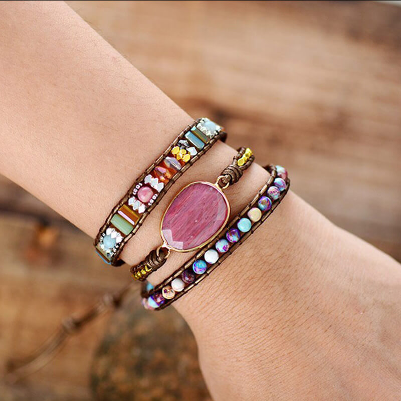 Image de Bracelet Cuir Enroulé 3 Brins en Rhodonite et Jaspe - Unbranded