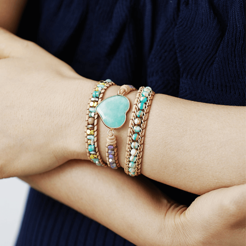 Bracelet Cuir Enroulé 3 Brins en forme de cœur en Amazonite