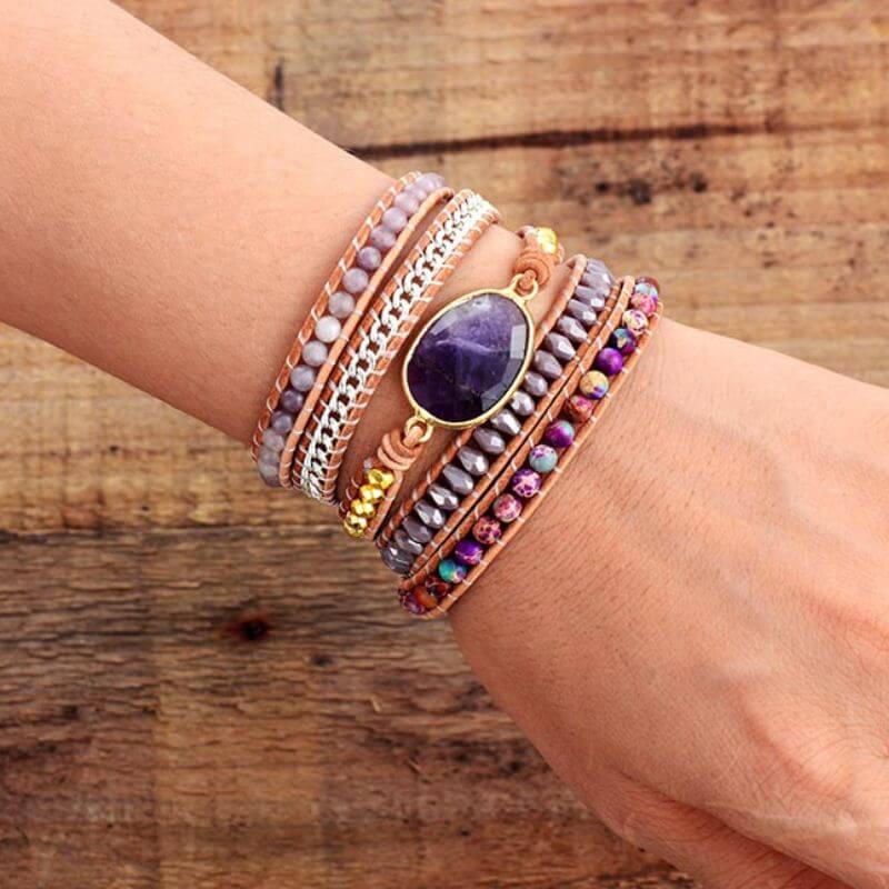 Image de Bracelet Cuir Enroulé 5 Brins en Améthyste et Jaspe - Unbranded