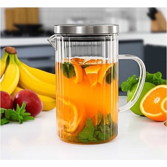 Image de Carafe ou pichet à eau ou jus en verre cannelé avec un couvercle en acier inoxydable,pour eau ou jus.1L - Unbranded