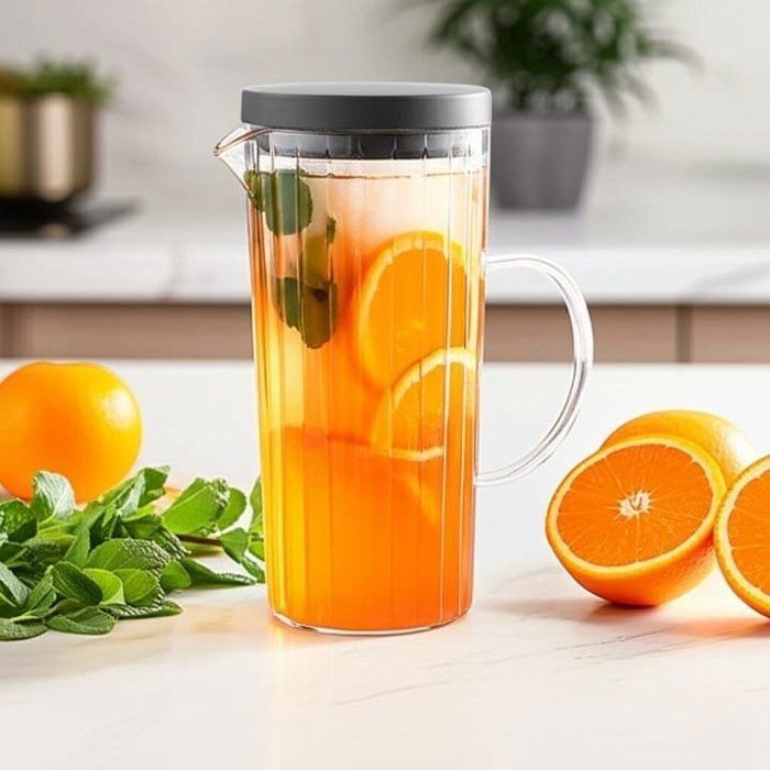 Image de Carafe ou pichet à eau ou jus en verre cannelé avec un couvercle en acier inoxydable,pour eau ou jus.1,2L - Unbranded