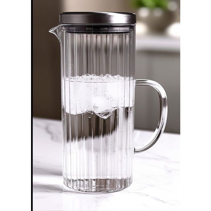 Image de Carafe ou pichet à eau ou jus en verre cannelé avec un couvercle en acier inoxydable,pour eau ou jus.1,2L - Unbranded