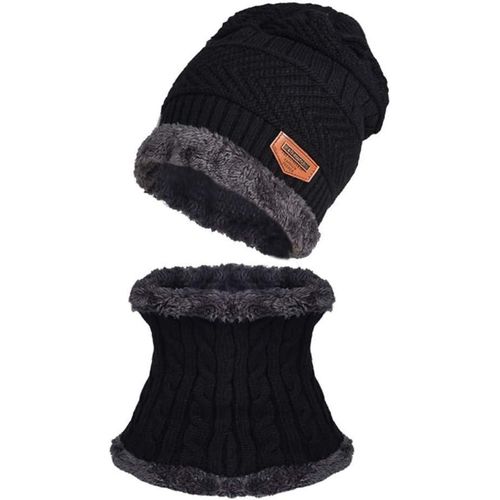 Image de Chapeau et cache-cou d'hiver doublé polaire, pour Ski ou Plein air, Ensemble Tricoté Chaud , Noir - Unbranded