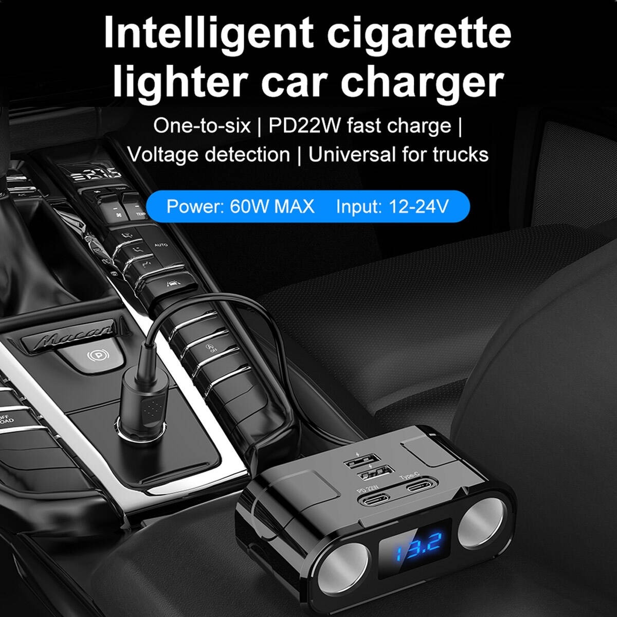 Image de Chargeur de voiture 60W, adaptateur d'alimentation, 2 prises, 2 ports USB 2 Type C PD 22W, charge rapide - Unbranded