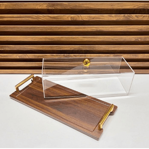 Image de CLOCHE A GATEAU EN BOIS AVEC DÉTAIL DORÉ INOXYDABLE ET COUVERCLE EN PLEXIGLAS 30cm/10cm - Unbranded