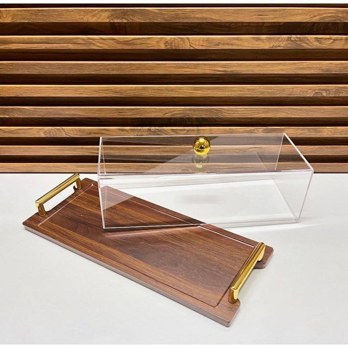 Image de CLOCHE A GATEAU -SUPORT À GATEAUX GM 40/17cm EN BOIS AVEC DÉTAIL DORÉ - Unbranded