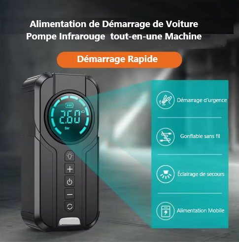 Démarreur de batterie de voiture + Gonfleur Pneu, Power Bank 10 000mAh, LED, Port USB, Type C