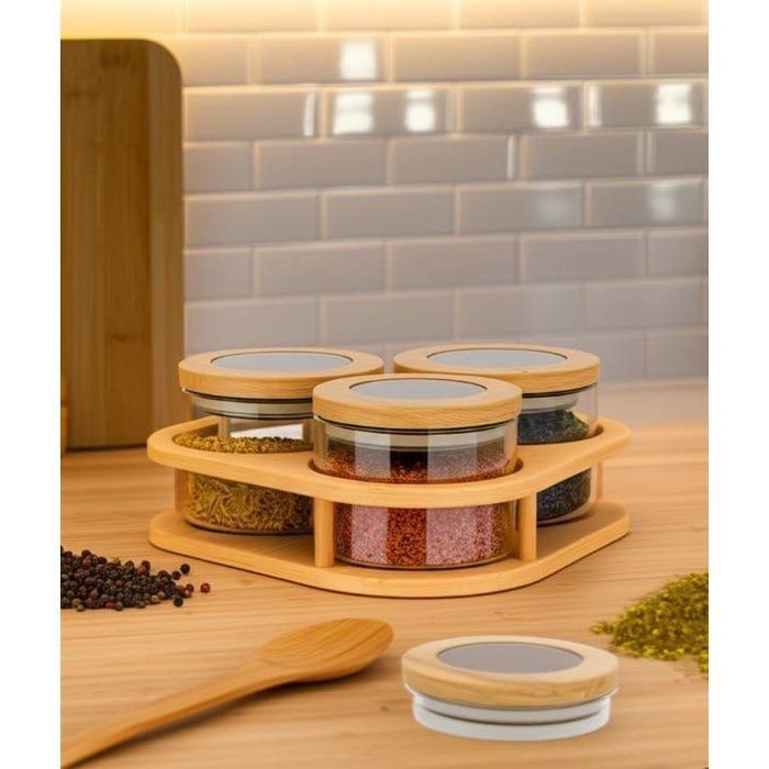 Image de Ensemble élégant de 3 bocaux en verre avec couvercles en bois et support incliné en bois - Unbranded