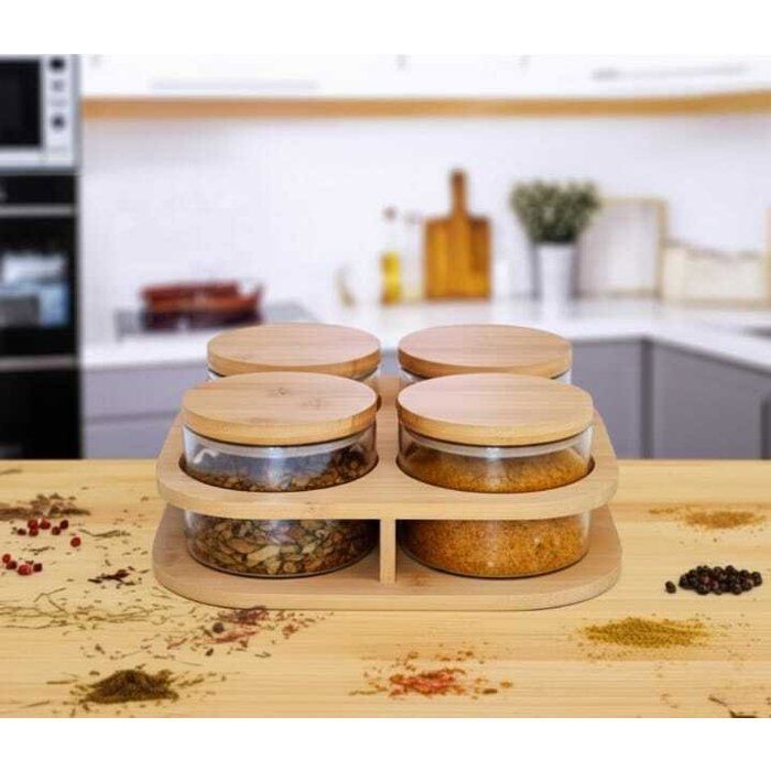 Image de Ensemble élégant de 4 bocaux en verre avec couvercles en bois et support incliné en bois - Unbranded
