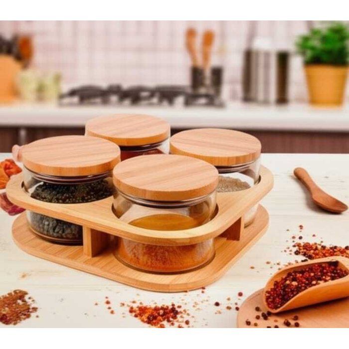 Image de Ensemble élégant de 4 bocaux en verre avec couvercles en bois et support incliné en bois - Unbranded