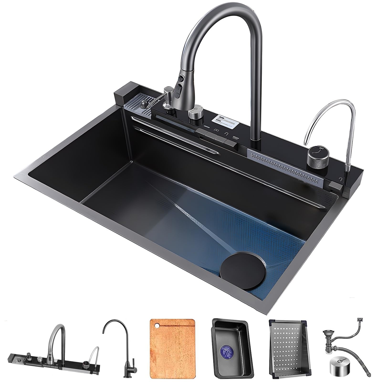 Image de Évier de cuisine Noir à cascade en acier inoxydable, évier de poste de travail Nano avec affichage numérique, robinet extractible, évier de cuisine à encastrer avec accessoires - Unbranded