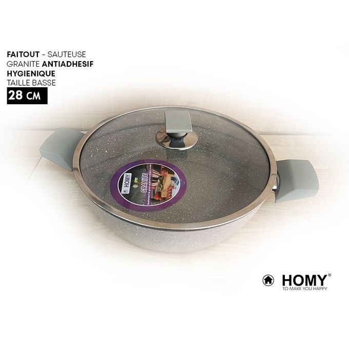 Homy Marmite Sauteuse en Granit 28cm Antiadhésive + Couvercle en Verre Trempé - Poêle à Induction