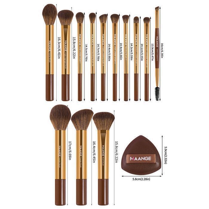 Image de Lot de 13 pinceaux de maquillage avec 2 houppettes et un sac - Café doré - Unbranded